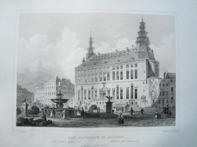 Aachen Rathaus  Nordrhein-Westfalen echter alter wunderschöner  Stahlstich 1842