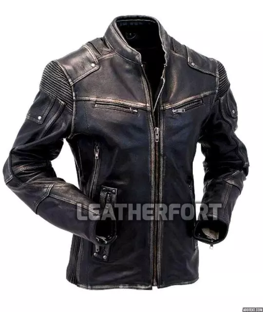 Mens Vintage Rivet Black Distressed Motorcycle Cowhide Leather Jacket