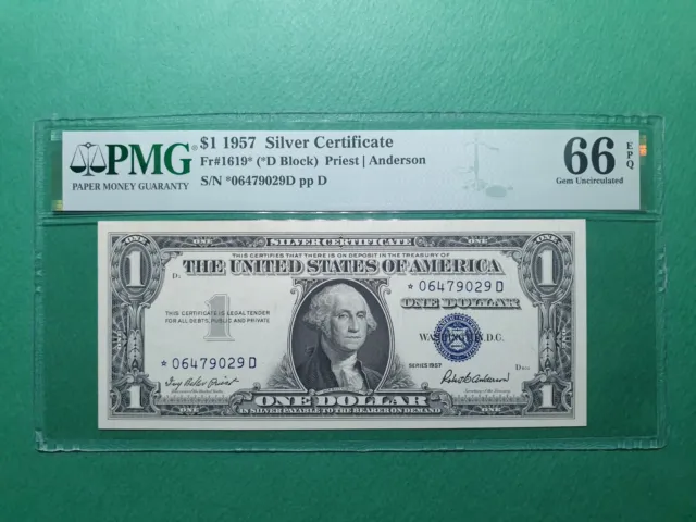 1957 US $1 SILVER CERTIFICATE Fr# 1619* (*06479029D BLOCK) PMG 66 EPQ GEM UNC