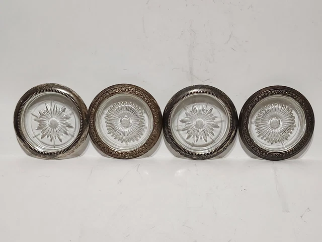 Vintage Set of (4) Leonard Silver Plated Crystal Glass Coaster Ashtrays (Italy)