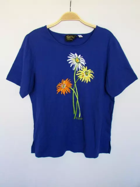 BOB MACKIE WOMANS M blue orange yellow daisy floral soft cotton T-SHIRT