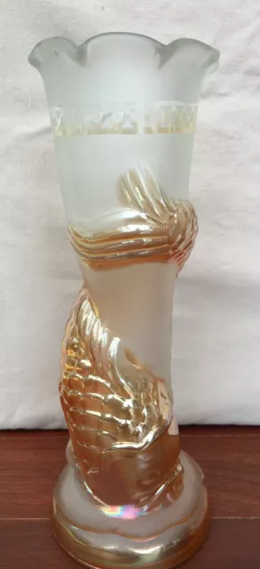 MARIGOLD CARNIVAL GLASS FISH VASE. Frosted