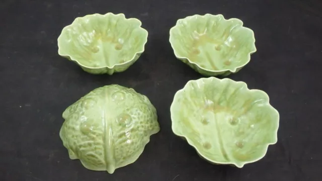 Set of 4 Vintage Art Pottery Green Cabbage Leaf Dessert Serving bowls 5" Wide