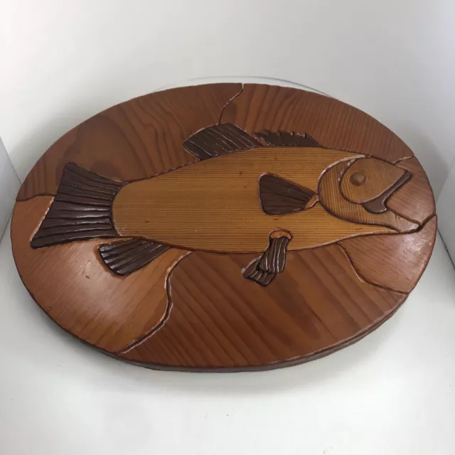 Intarsia Wood Art Fish Wall Mount Carved Inset Plaque 14.25” x 11”