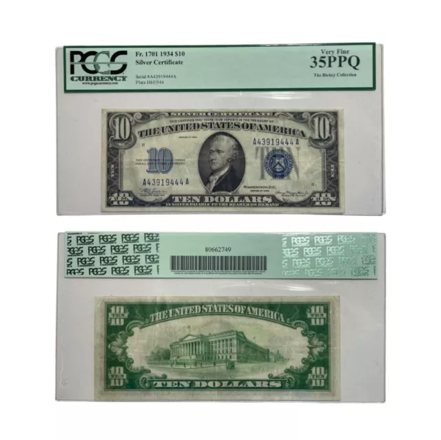 1934 $10 Ten Dollar Silver Certificate PCGS VERY FINE VF35 PPQ Fr. 1701m