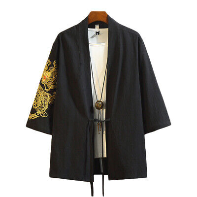 Ricamo Uomo Kimono Giacca Giapponese Cappotto Haori Cinese Dragon Cardigan