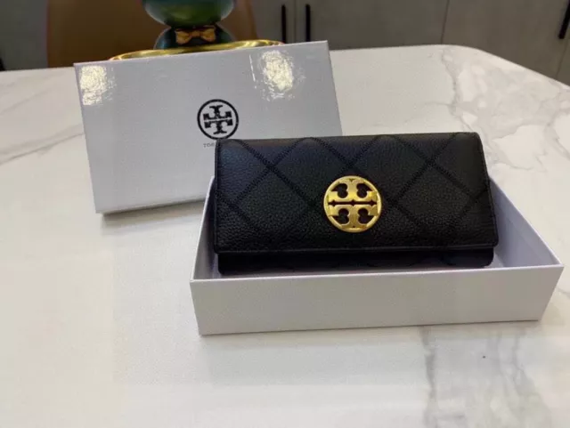 BRAND NEW TORY BURCH ENVELOPE BLACK QUILTED LEATHER LOGO WALLET w/ TAG