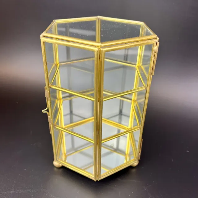 Vtg Hexagon Brass Glass Curio Cabinet 3 Shelves & Door Latch Mirror Display Case