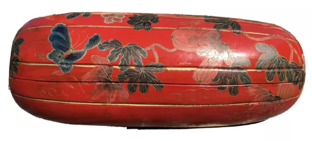 Japanese Maki-E Red Lacquer Ware Butterfly Incense Box Gourd Shape,Meiji Period