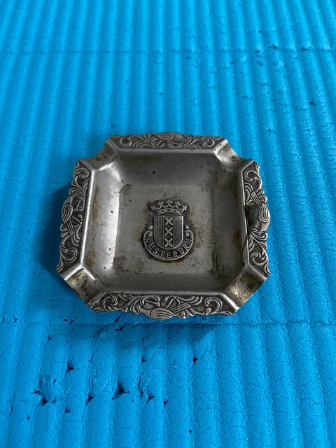 Vintage Dutch Pierced Silver Plated Square Repousse Ashtray Pub Amsterdam