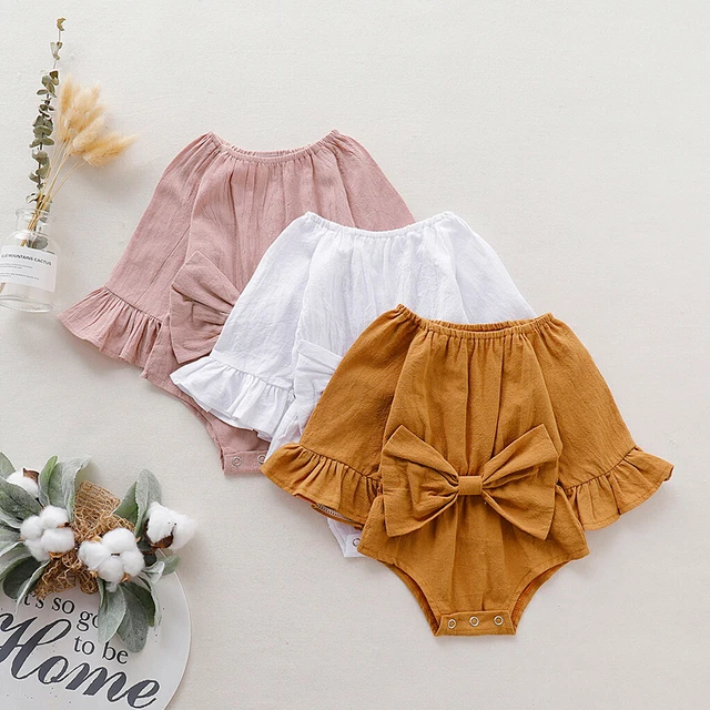 Infant Baby Girl Bow Solid Flare Sleeve Romper Bodysuit Clothes Outfits jumpsuit