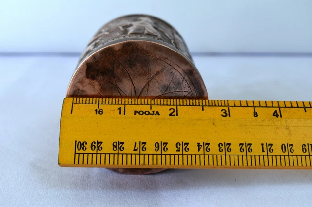 Antique Burmese Betel Box Canister Cylindrical Copper Embossed Figurine Elepha"F 12