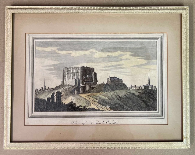 Antique Handcoloured Framed Lithograph Print South East View of Norwich Castle