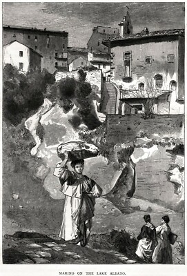 1877 Stampa Antica Passepartout Castelli romani Marino: Panorama 