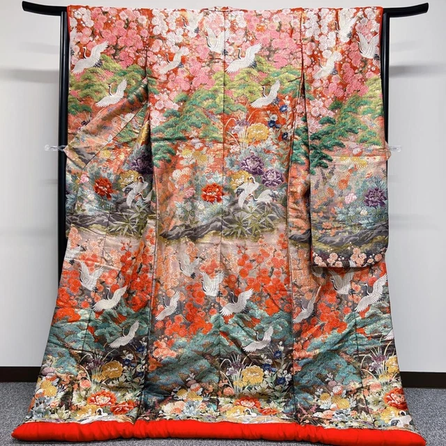 Japanese Kimono Uchikake Luxurious Wedding Embroidery Pure Silk Flower CraneK450