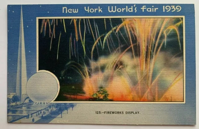 1939 NY Postcard New York World's Fair Fireworks Display color vintage linen