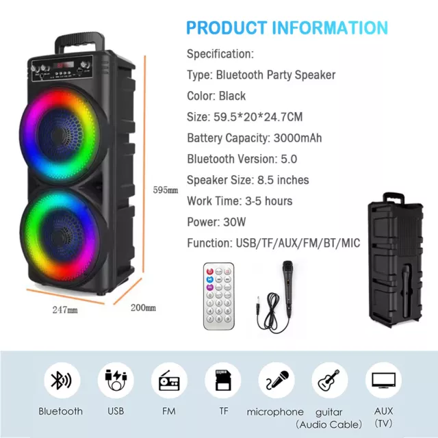 Bluetooth 5.0 Lautsprecher LED Subwoofer Boombox Musikbox Party LED mit Mikrofon 3