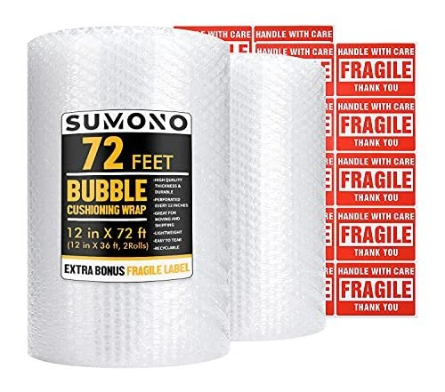 Bubble Cushioning Wrap Roll, Sumono 12 Inch x 72 Feet Total [2 Rolls of 36