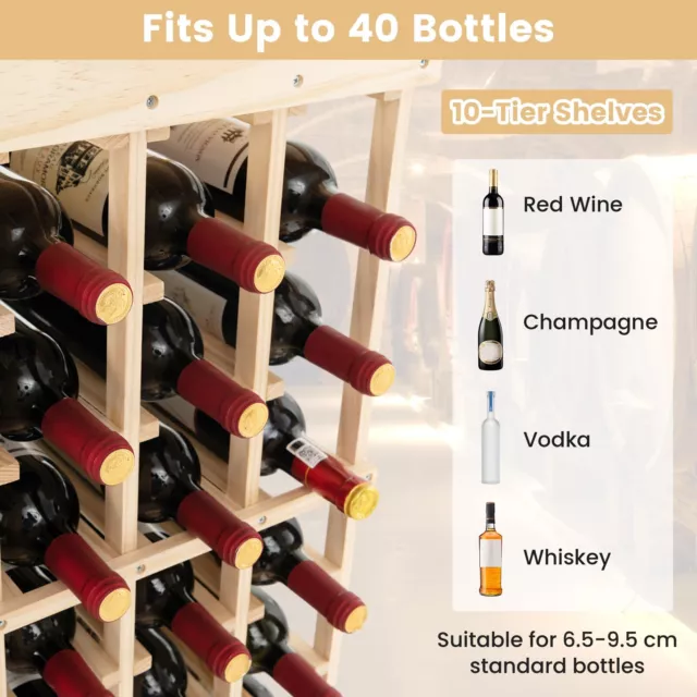 40 Bottles Storage Wine Rack Freestanding Pine Wood Display Shelf Wine Holder 3