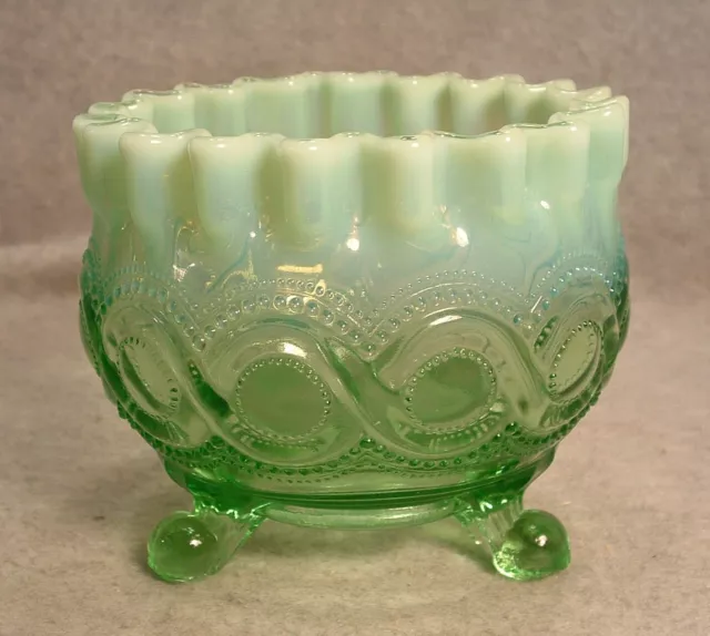 Antique Circa 1904 EAPG Northwood Beaded Cable Green Opalescent Rose Bowl Vase