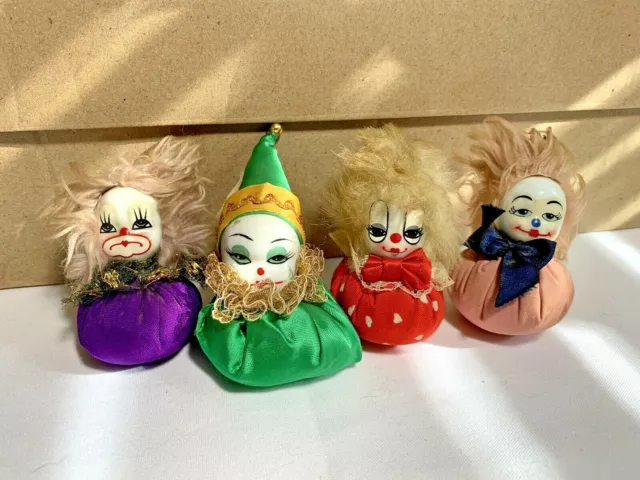 Vintage Clown Jester Pincushion Doll Sand Bag Body Porcelain Head Lot Of 4 Vtg