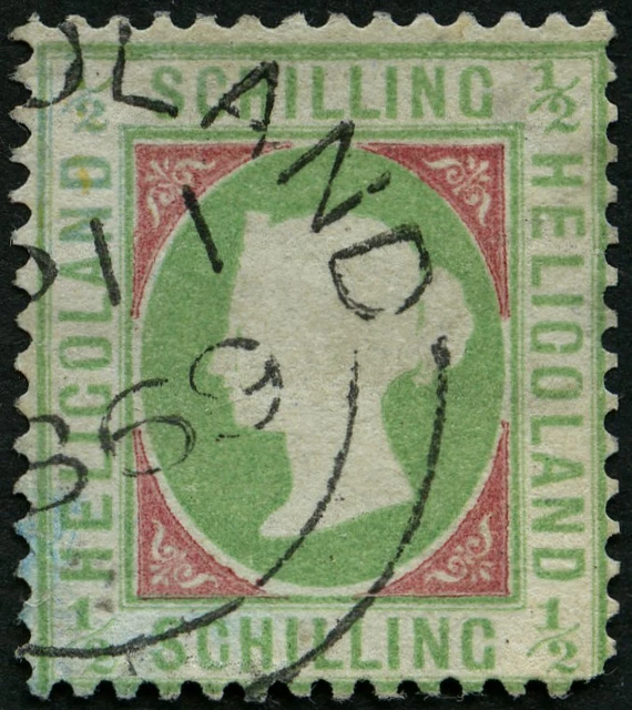 HELGOLAND 1869, 1/2 S. blaugrün/dkl`karmin, Rundstempel, n.gez., feinst, gepr.