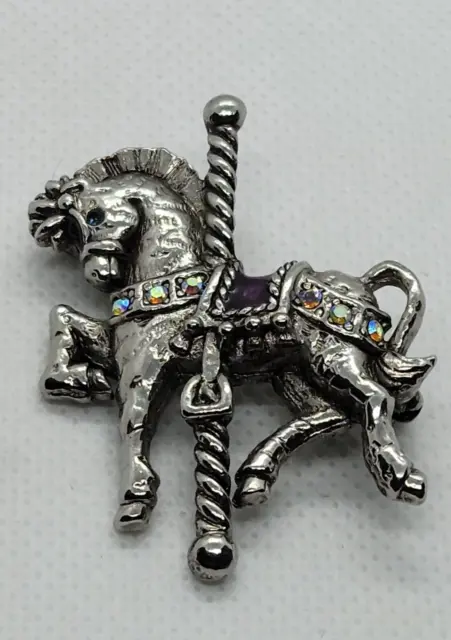 Signed Danecraft Carousel Horse Brooch Pin Silver Tone Metal AB Rhinestones 2