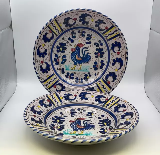 Pair of Deruta Italian Pottery BLUE ROOSTER Rim Soup Bowls