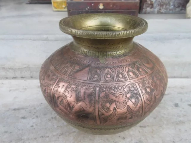 Antique Old Rare Brass Copper Hand Engraving Pot Worship Holy Jangajal Water Pot