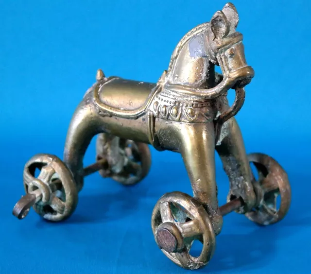 Antique India Brass Temple Toy Horse on Wheels