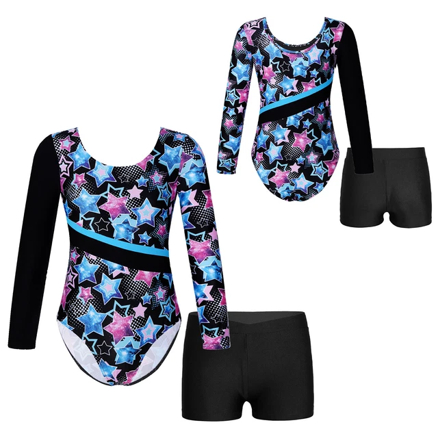Leotard Stampato Bambini A Maniche Lunghe Con Pantaloncini per Allenamento Sport Ginnastica
