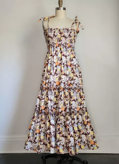 TORY BURCH FLORAL COTTON BLEND MAXI SUN DRESS with SMOCKED TOP & SHOULDER TIES