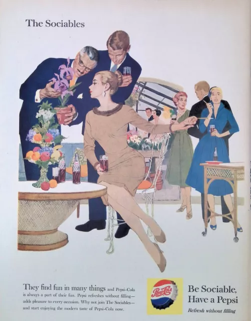 Print Ad 1950's Pepsi-Cola Sociables Cocktail Party Woman Smoking Heels Formal