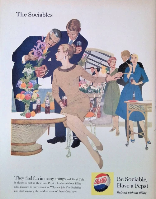 Print Ad 1950's Pepsi-Cola Sociables Cocktail Party Woman Smoking Heels Formal