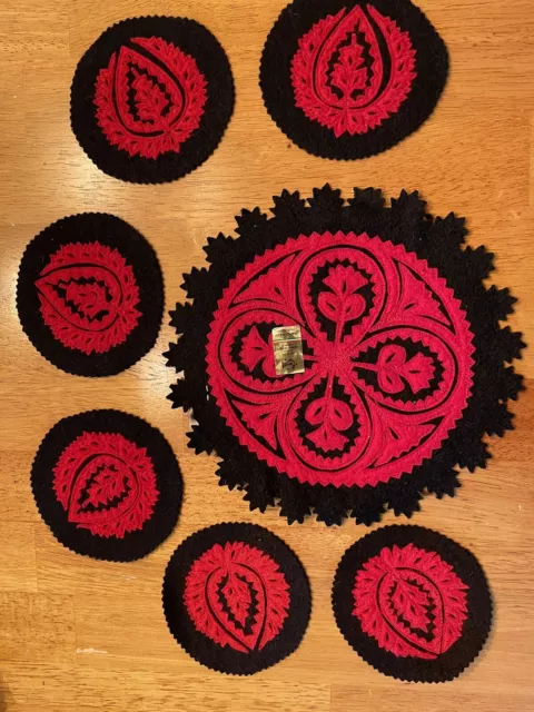 Red & Black Traditional Hungarian felt applique 9 in Centerpiece 6 Coasters 4 in