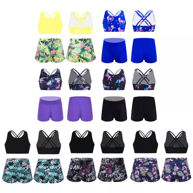 Girls Kids Sport Outfit Swim Shorts Gym Workout Crop Top Swimsuit Tracksuit Set