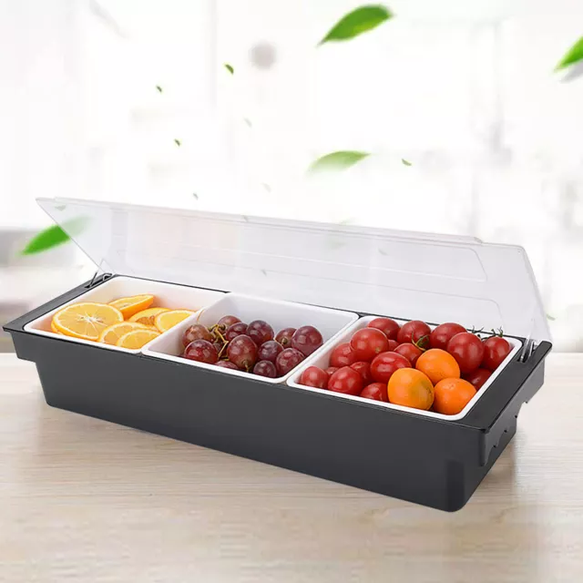 3 Tray Condiment Dispenser Bar Top Garnish Fruit Caddy Fruit Food Box Black+Lid
