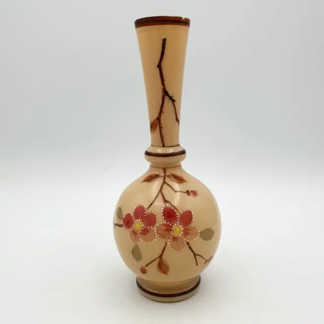Antique Victorian / Edwardian Opaline Milk Glass Vase Hand Painted Floral Design