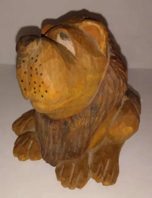 Vintage Carved Wooden Lion Folk Art Wood Cute Painted in Areas w/ Lots of Detail
