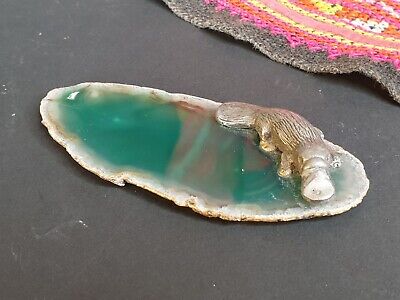 Old Australian Gem Stone Slice Paper Weight with Silver Platypus  …beautiful col 2