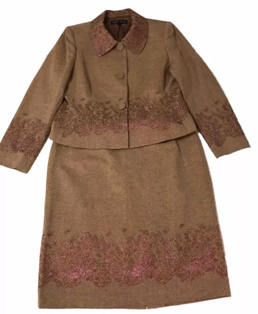 Vtg Albert Nipon Women 12 Wool Silk Blend Skirt Suit Gold Tweed w/ Pink Metallic 3