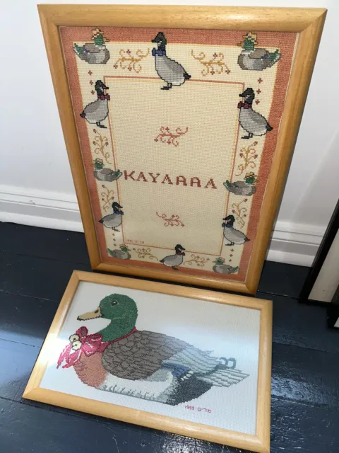 Exquisite Pair of Vintage | Cottage Home | Chestnut Teal Duck | Embroideries