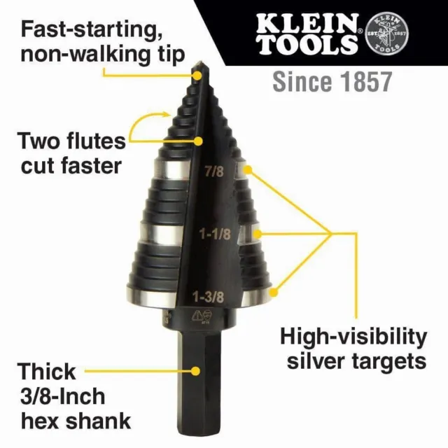 Klein Tools Step Drill Bit #15 Double Fluted 7/8 to 1-3/8-Inch # KTSB15