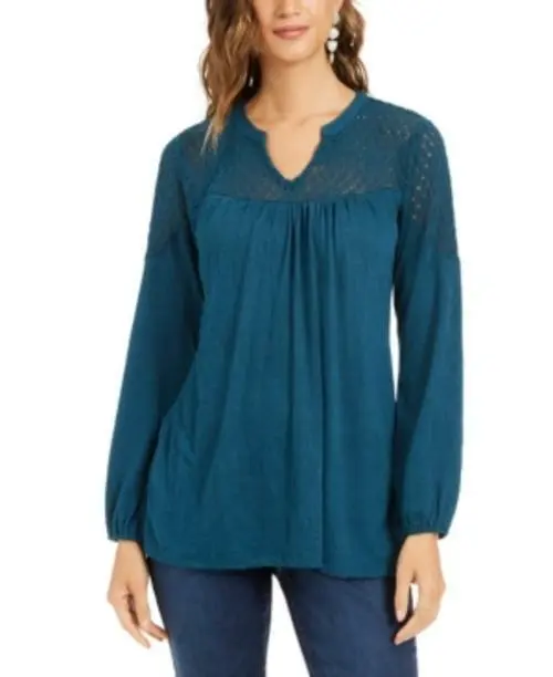 MSRP $60 Style & Co Petite Lace-Shoulder Top Green Size Petite Medium