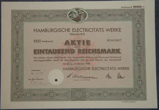 100 Stück Hamburgische Electricitäts-Werke 1942 1000 RM