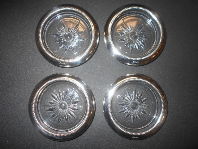Set of 4 Vintage Leonard Silver Plate Crystal Coasters Starburst Pattern Italy