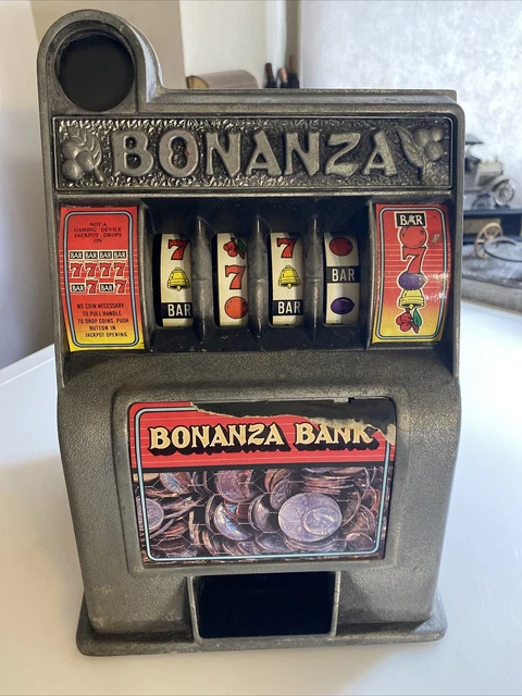 Vintage Bonanza Toy Slot Machine Coin Bank Missing Coin Stopper on Back IL4