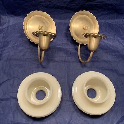 Antique Great Brass Art Deco Wall Sconces Fixtures Pair With Slip Shades! 55B