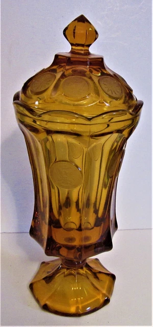 Lovely Vintage Fostoria Amber Coin Glass Lidded Urn, Eagle & Torch Coins