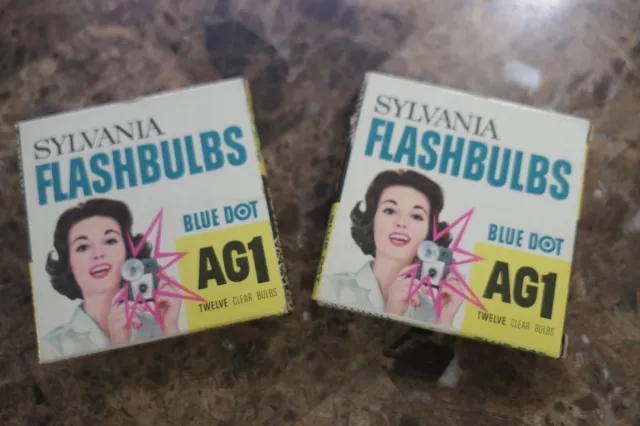 LOT of 2 Vintage Sylvania Flashbulbs AG1 Blue Dot 24 Count Clear Bulbs NEW NOS